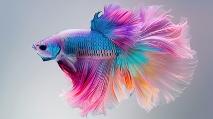 Wall Mural -   A detailed image of a vibrant fish against a pure white backdrop, featuring two smaller fish in the foreground - one blue and the other pink