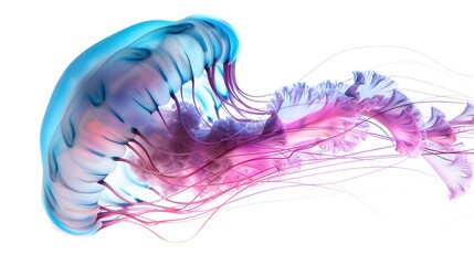 Wall Mural -   Close-up of jellyfish on white background, blue and pink jellyfish in center