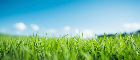 Sticker - Green grass field and blue sky with clouds. Panoramic view.