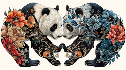 Wall Mural -   A pair of panda bears lounging together on a floral bed against a white backdrop