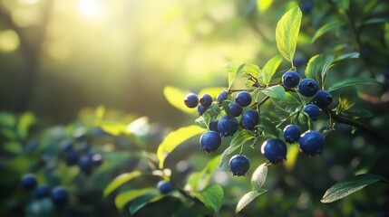 Wall Mural - Ripe Blueberries on a Bush in the Sunlight - Close-up of a blueberry bush with ripe blueberries on branches, sunlight filtering through leaves.  The image symbolizes freshness, nature, healthy eating,