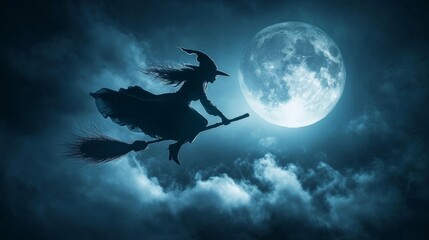 Canvas Print - Silhouette of Witch Flying on Broom Under Full Moon - A witch flying on a broom, silhouetted against a full moon in a night sky, representing magic, fantasy, and the power of nature.