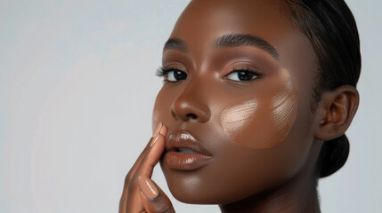 Wall Mural - young beautiful black African-American woman applies foundation of a suitable shade to her face on a white background, beauty, decorative cosmetics, skin care, portrait, person, people, makeup, cream