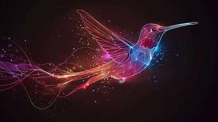 Wall Mural -  A vibrant hummingbird flies gracefully in midair, adorned with a dazzling halo of colors on its neck and wings, against a dark back