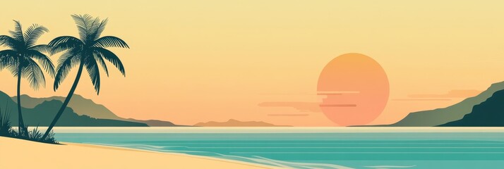 Poster - Tranquil Sunset Over Tropical Beach - A serene sunset casts a warm glow over a picturesque tropical beach, with swaying palm trees framing the scene, inviting relaxation and escape.