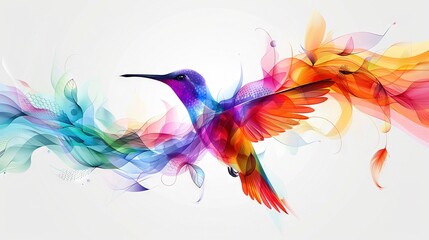 Poster -   A vibrant hummingbird soaring in mid-air, its iridescent wings fully extended as it emits dazzling smoke from their feathers