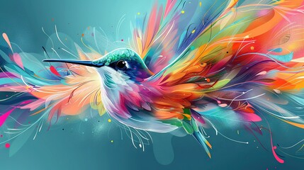 Poster -   Hummingbird flying through colorful feathers in air