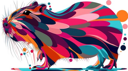 Poster -   A colorful animal with a long tail, painted in multicolors, on a white background