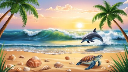 Wall Mural - visualize a tranquil beach at sunrise where a playful art .jpeg