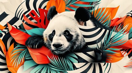 Wall Mural -   A pandora bear lounging atop multicolored foliage on a black-and-white canvas