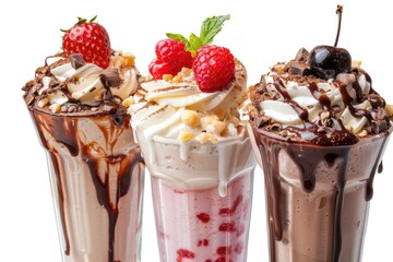 Wall Mural - Milkshake Isolated. Delicious Beverage Concept with Creamy Chocolate and Berry Flavors on White Background