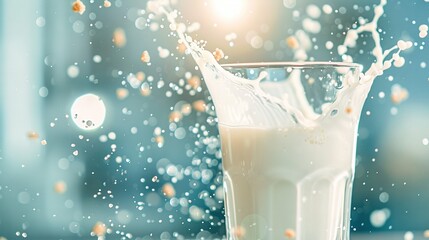 Poster -   A milk splash on top of a glass is visible in this close-up photo of the drink