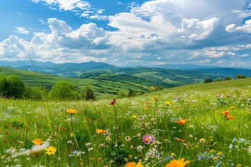 Poster - Blooming Wildflowers in a Mountain Meadow Under a Blue Sky