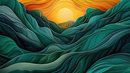 Poster -   A sunset mountain landscape painting