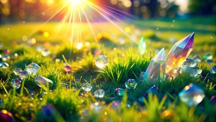 Canvas Print - Prismatic Crystal Shards Scattered Across a Sun-Drenched Meadow  AI Generated