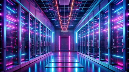 Canvas Print - Cybernetic Symphony: A Neon-Lit Data Center's Intertwined Network  AI Generated