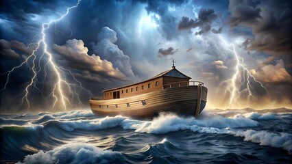 Canvas Print - The Unseen Hand: Noah's Ark Navigating a Tempestuous Sea  Generative AI