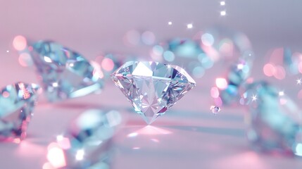 Wall Mural -   A close-up of a diamond surrounded by smaller ones against a pink-white background with glittering reflections