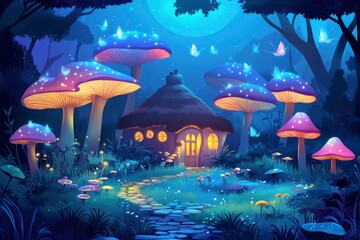 Poster - Enchanting Cottage Nestled Among Glowing Mushrooms and Butterflies in a Dreamy Forest