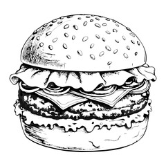 Wall Mural - Burger Illustration, Black and White, Fast Food Concept