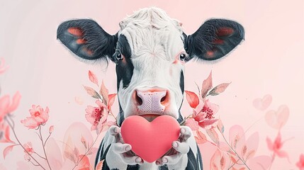 Wall Mural -   A cow holding a heart in its mouth against a pink backdrop