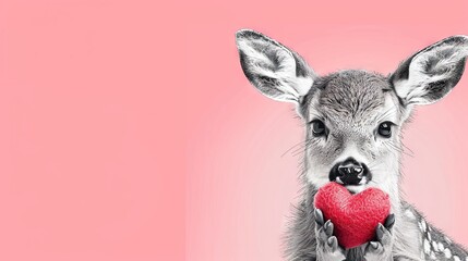 Wall Mural -   A baby deer holding a red heart in a pink background with a smaller deer in the center