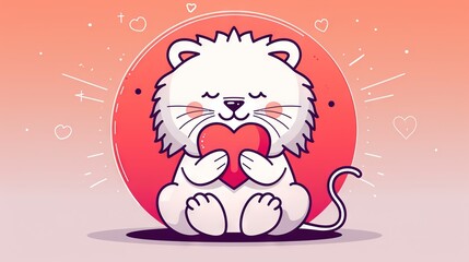 Canvas Print -   A white cat resting on a vibrant red-pink backdrop, with a heart nestled between its paws