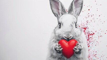 Wall Mural -   A white rabbit with a red heart in splatter on the backdrop of a clean white canvas