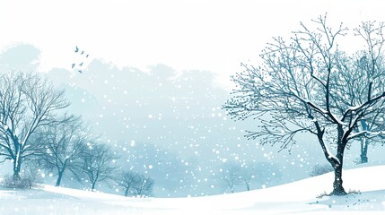 Canvas Print - a snowy landscape with a tree and birds flying in the sky above it