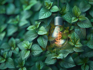 Wall Mural - Green Innovation news conception. Light bulb with coins beside and young plant on top concept put on the soil in soft green nature background. Green World Map On The Light Bulb With