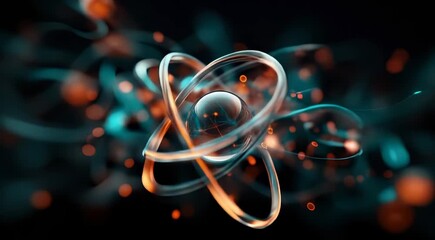 Poster - Stylized depiction of an atom with a central nucleus and orbiting particles, featuring glowing lines and dynamic energy visuals.