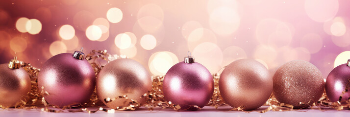 Wall Mural - Pink Christmas background with festive gift boxes and Christmas balls. Holiday pink Christmas and New Year backdrop with copy space.