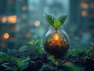 Wall Mural - Green Innovation news conception. Light bulb with coins beside and young plant on top concept put on the soil in soft green nature background. Green World Map On The Light Bulb With