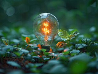 Wall Mural - Green Innovation news conception. Light bulb with coins beside and young plant on top concept put on the soil in soft green nature background. Green World Map On The Light Bulb With