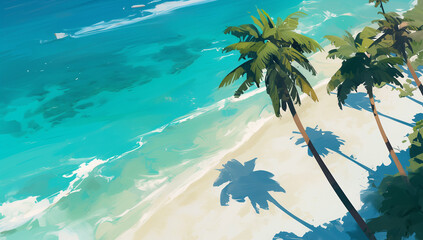 Sticker - A view of the ocean from above, palm trees on the beach, anime style illustration