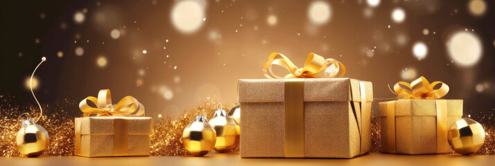 Wall Mural - Golden Christmas background with festive gift boxes and Christmas balls. Holiday gold Christmas and New Year banner backdrop with copy space and shiny bokeh