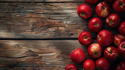 Fresh red apples on wooden table with space for text viewed from above