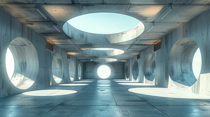 Aufkleber - A large open space with concrete walls and skylights, a few round windows on the ceiling, and a flat floor. The background is a light blue sky. Generative AI.