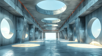 Aufkleber - A large open space with concrete walls and skylights, a few round windows on the ceiling, and a flat floor. The background is a light blue sky. Generative AI.