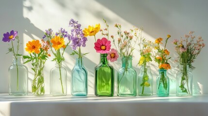 Wall Mural - Colorful Flowers in Glass Bottles