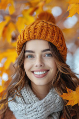 Autumn scene, portrait of autumn girl. Fashionable beautiful woman in fall park.