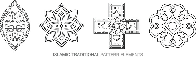 Islamic Asian traditional pattern elements decorative motif outline illustrations black and white