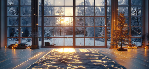 Poster - A beautiful room with a view of falling snow, cozy, large windows, winter, warm lighting, elegant decor, snowy landscape. Generative AI.