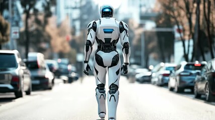 Poster - Humanoid robots walking on city street. Future AI technology, Artificial intelligence concept. Futuristic robotic and cybernetic systems. Camera follows robot from behind