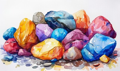 Wall Mural - Abstract river stones in watercolor on a white canvas.