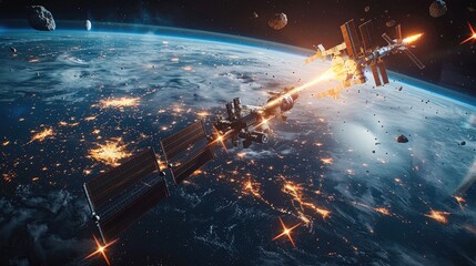 Poster - International space station disintegrating in Earth atmosphere. Generative AI.