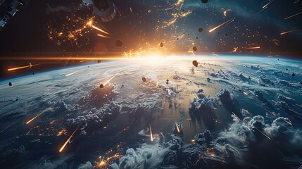Poster - International space station disintegrating in Earth atmosphere. Generative AI.
