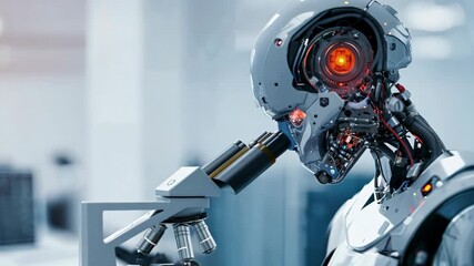 Poster - Robot humanoid looking through microscope in laboratory. Science and scientific research. Futuristic AI technology and Artificial intelligence concept