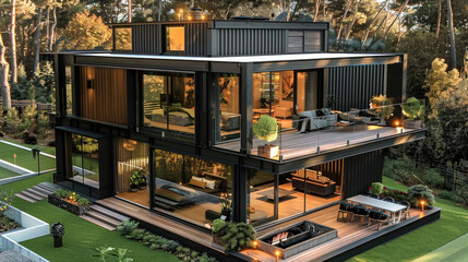 Poster - A modern two store black container house with an open balcony terrace on the side, surrounded by green grass and trees. The first floor features wooden floors and outdoor furniture for relaxation.