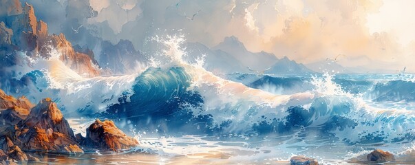 Wall Mural - Abstract waves crashing on a rocky shore in watercolor.